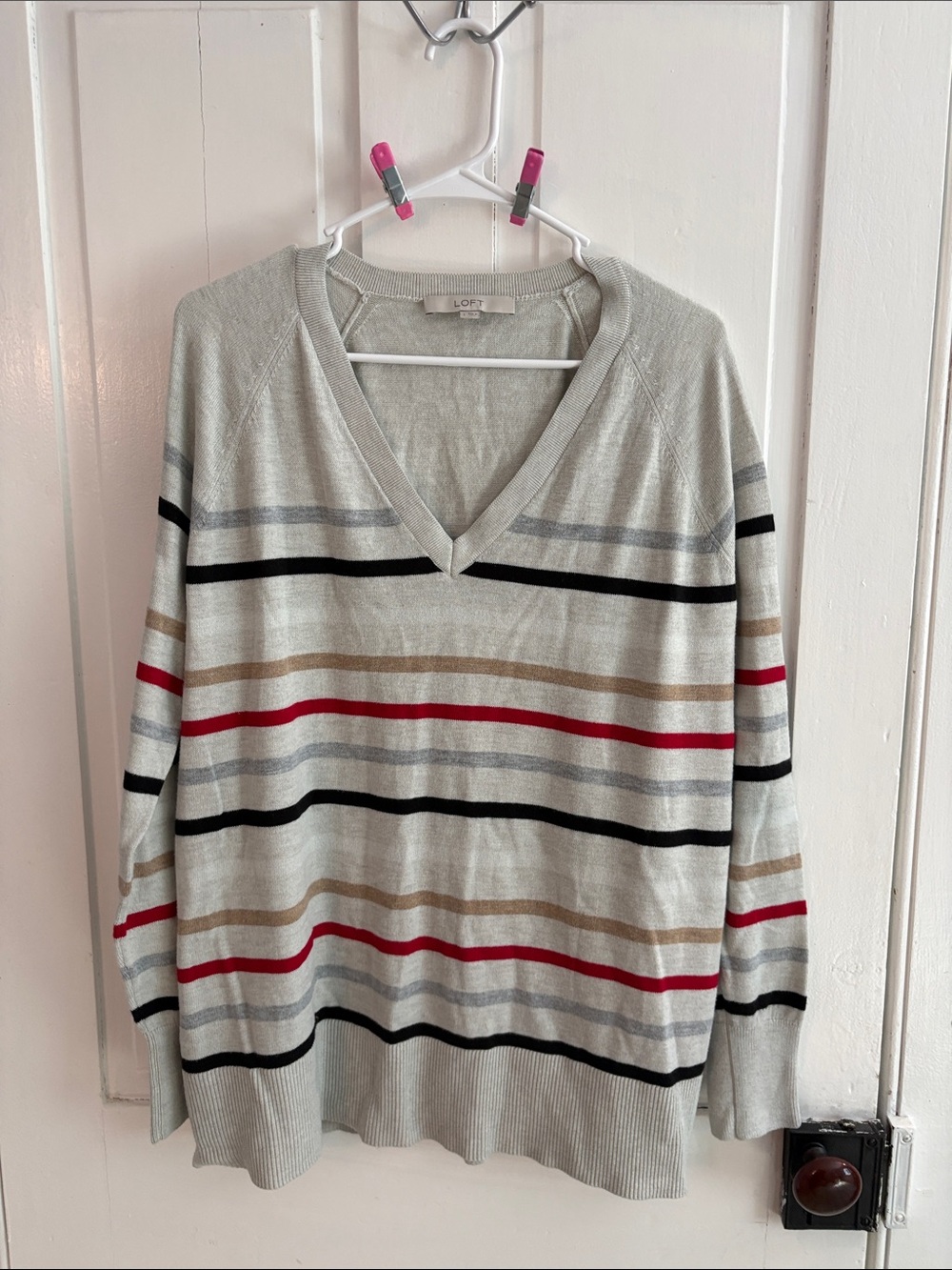 LOFT Light Gray V-Neck Sweater with Red, Black & Tan Stripes
